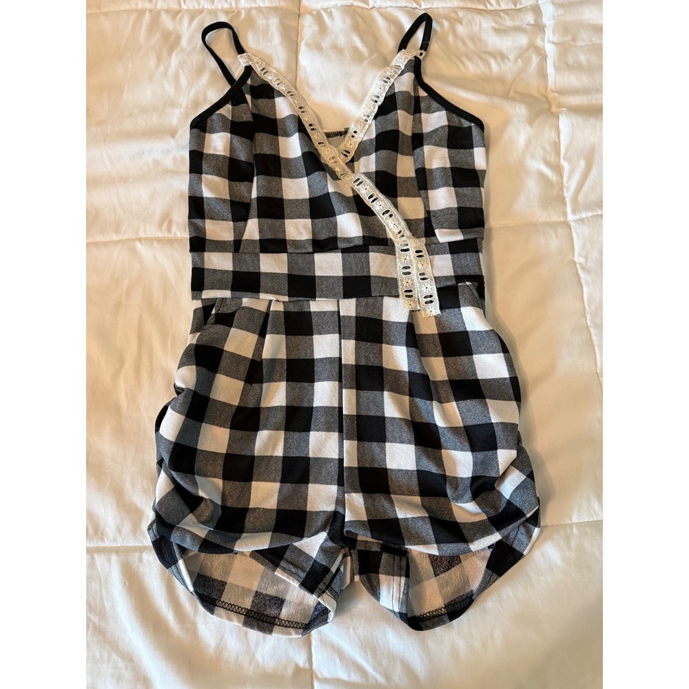 Black White Buffalo Plaid Lace Trim Romper Sleeveless V-Neck Size L